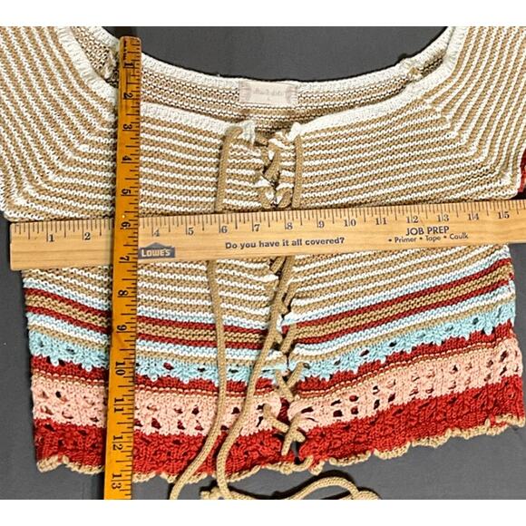 Altard State Sz Small Crochet Crop Pullover Top Tie Front Beige Rust Pink Blue - Picture 5 of 5